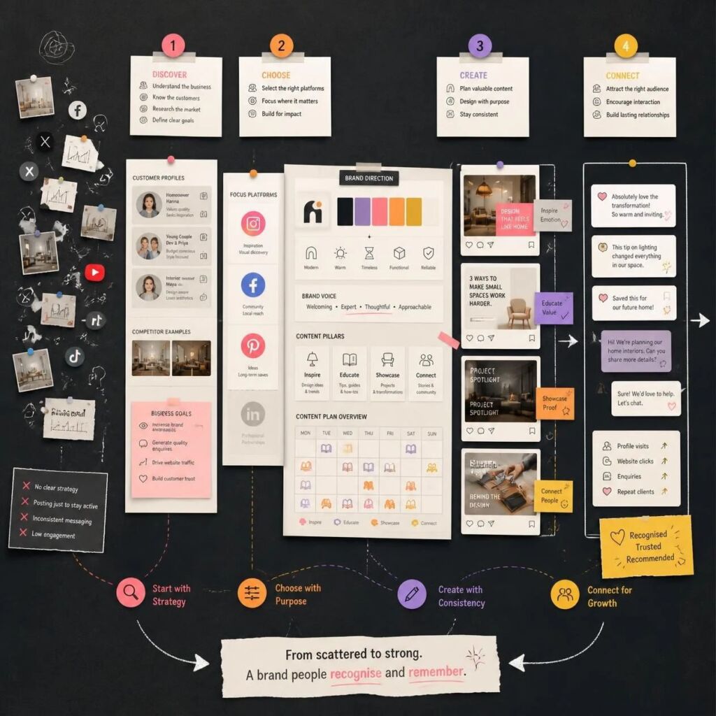 Social media marketing services in four steps: discover, choose platforms, create content and connect with your audience